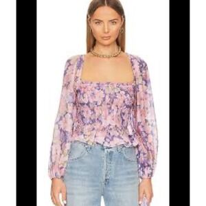 ASTR The Label Nicollette Smocked Pink Purple Floral Top Shirt Womens Size Small